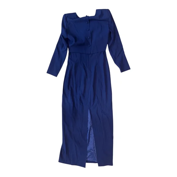 Women's Long Sleeve Navy Blue Evening Gown, Elegant Formal Dress with Beaded Bod - Picture 4 of 6